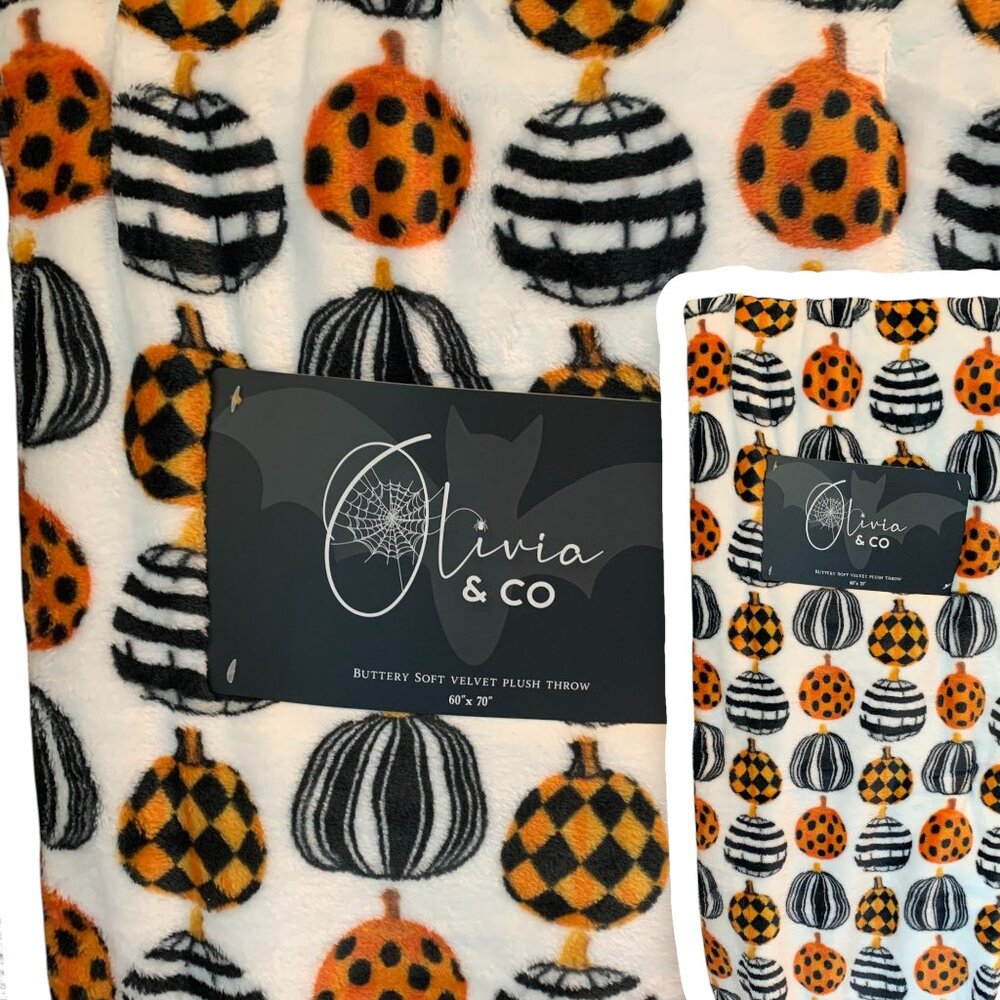 Pumpkin Velvet Plush Throw Black White Check Orange Oversized NWT